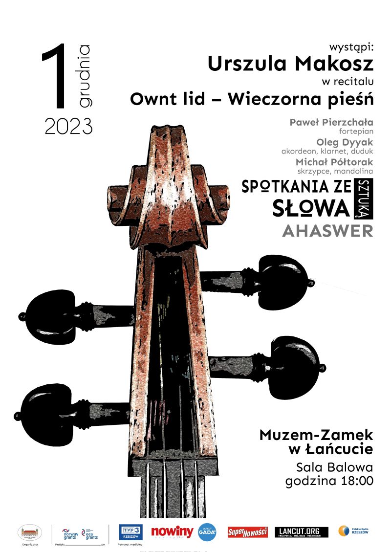 Plakat - koncert  Urszuli Makosz. W centrum plakatu gryf i stroik skrzypiec