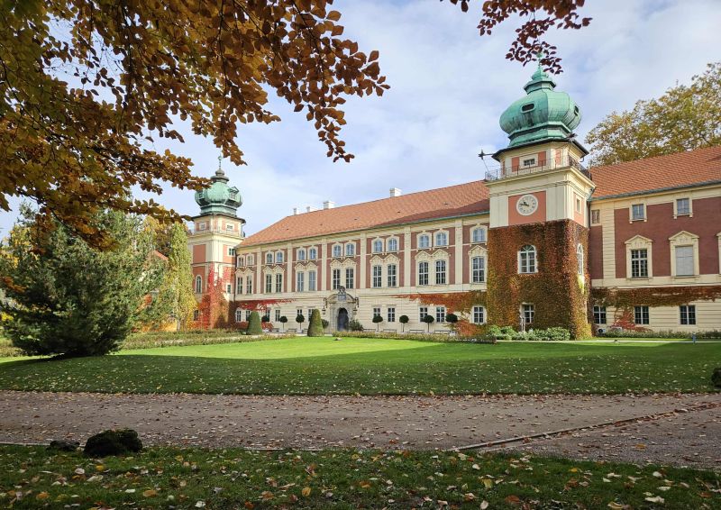 Widok na zamek - odsłona jesienna. Elewacja pokryta kolorowymi żółto-czerwono-pomarańczowymi liśćmi. Widok od strony zachodniej.