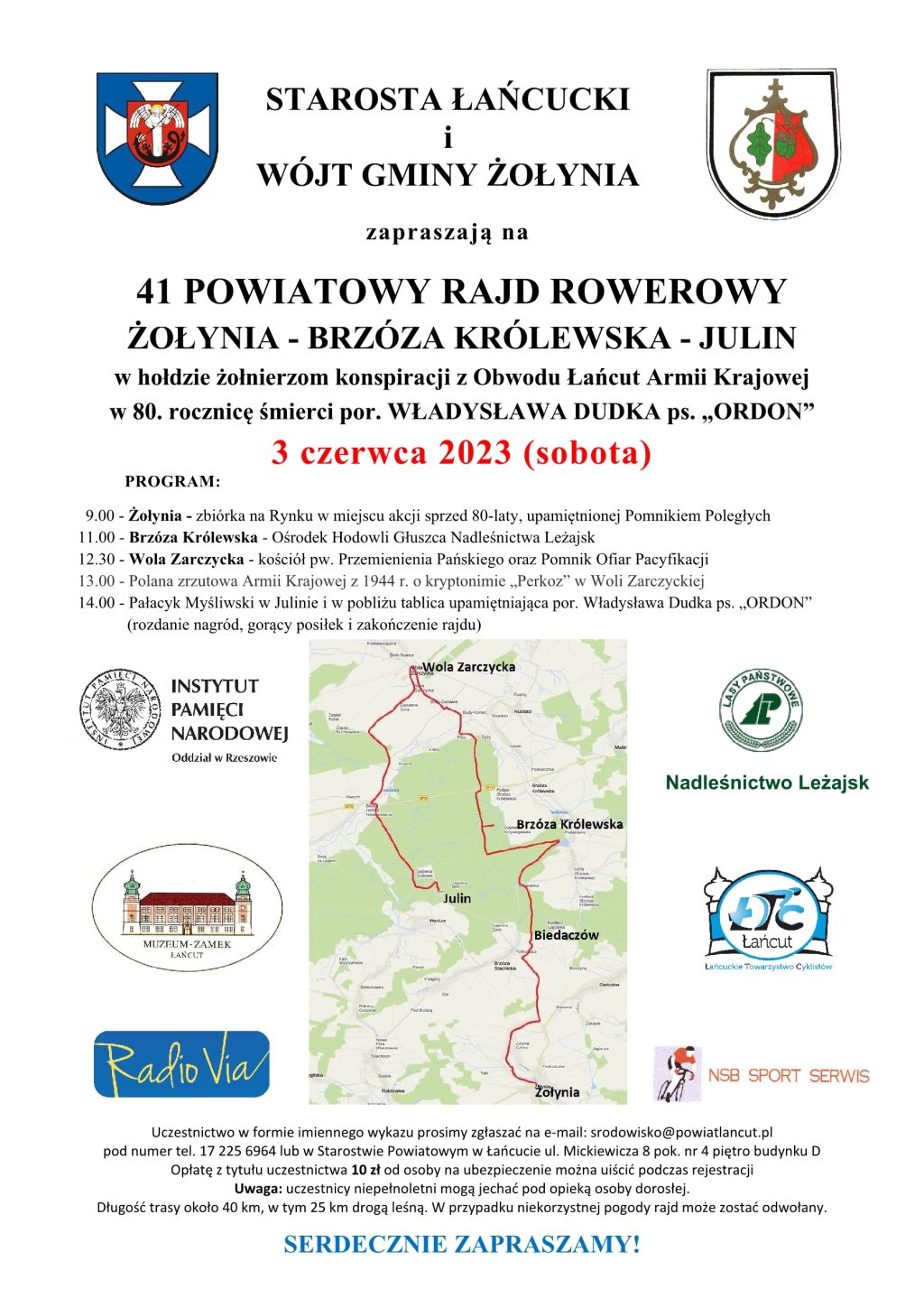 Plakat 41. Rowerowego Rajdu. Widoczne loga Organizatorów, w centralnej części mapa z trasą przejazdu. Widoczna też treść - jak w informacji zamieszczonej w Aktualności.