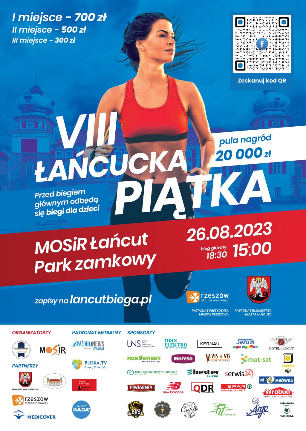 Plakat: 8. Łańcucka Piątka. Materiały organizatora. Na plakacie biegnąca kobieta w stroju sportowym, w tle kontury Zamku w Łańcucie. Na plakacie informacje jak w treści aktualności. Na dole loga organizatorów, sponsorów, mediów.