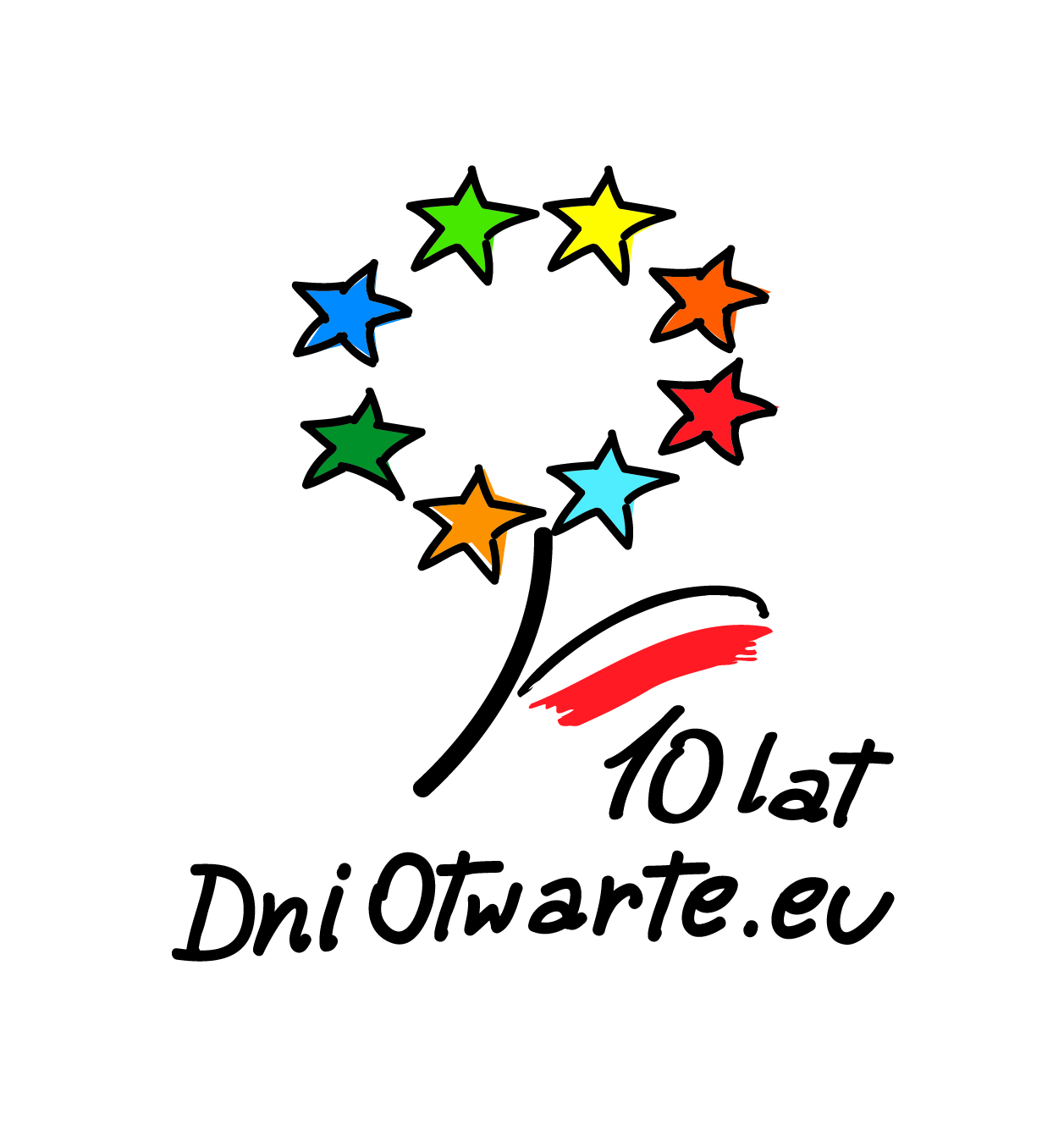 Logo Dni Otwarte Funduszy Europejskich. Napis: 10 lat DniOtwarte.eu. Logo - kwiat. Płatki z kolorowych gwiazdek liść wyrastający z łodygi w kolorze biało-czerwonym.