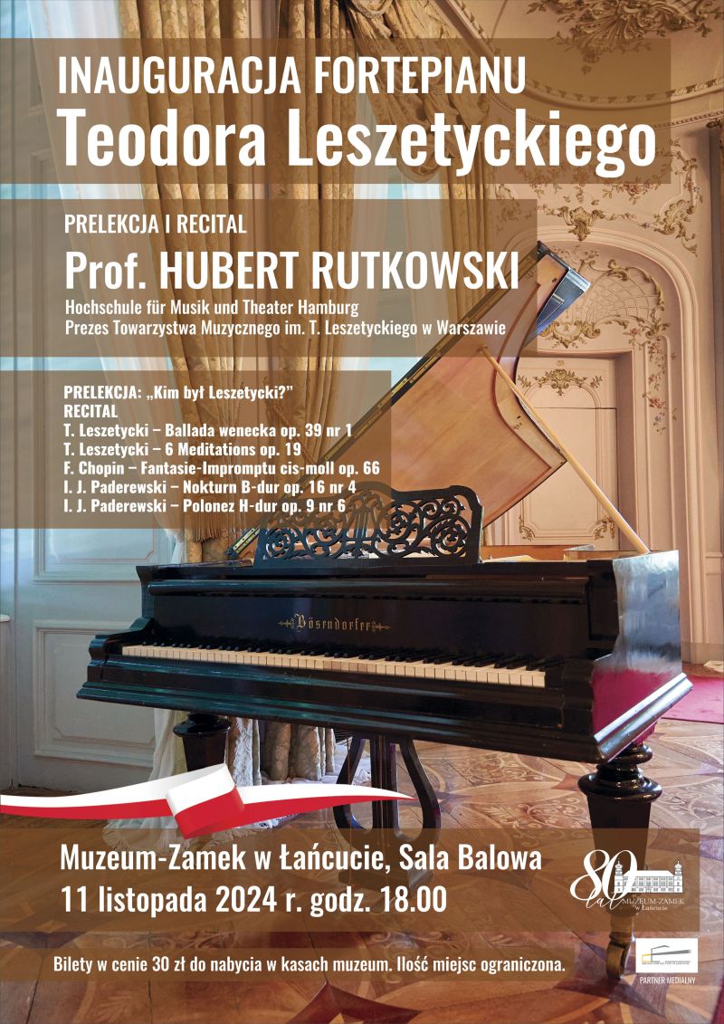 Leszetycki plakat koncertowy. W centralnej części fortepian na ekspozycji. Koncert 11.11.2024, Sala Balowa MZŁ