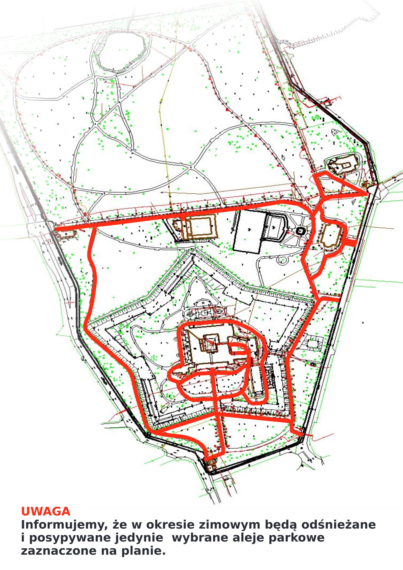 Mapa zespołu zamkowo-parkowego z zaznaczonymi trasami odśnieżanych alejek