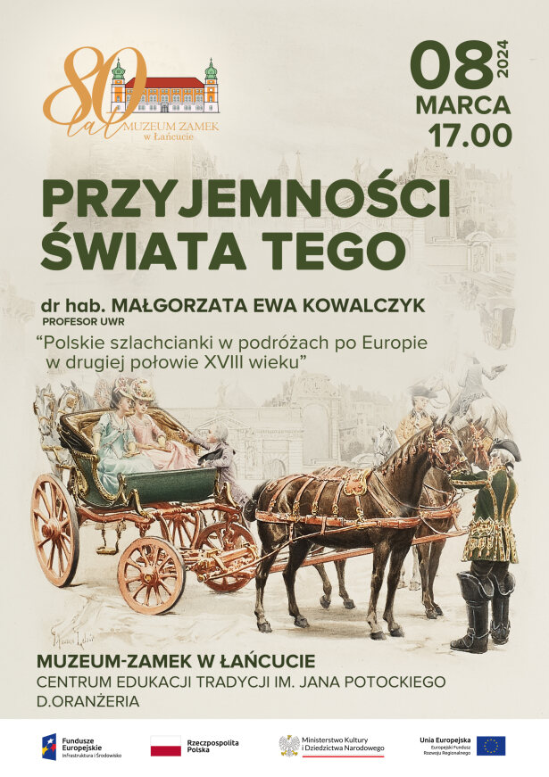 Plakat - Przyjemności świata tego, wykład 8.03.2024, godz. 17.00. Na grafice pojazd konny z damą siedzącą w środku. Na dole logo FE, RP, MKiDN, UE. Logo MZŁ z okazji 80-lecia Muzeum