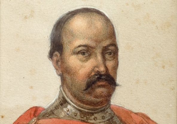 fragment portretu Jerzego Sebastiana Lubomirskiego - postać mężczyzny. Cechy mężczyzny: wąsy, zakola, krótkie włosy, zbroja. 