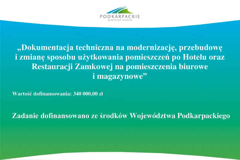 Tablica informująca o dofinansowaniu dokumentacji technicznej na adaptację dawnego hotelu 