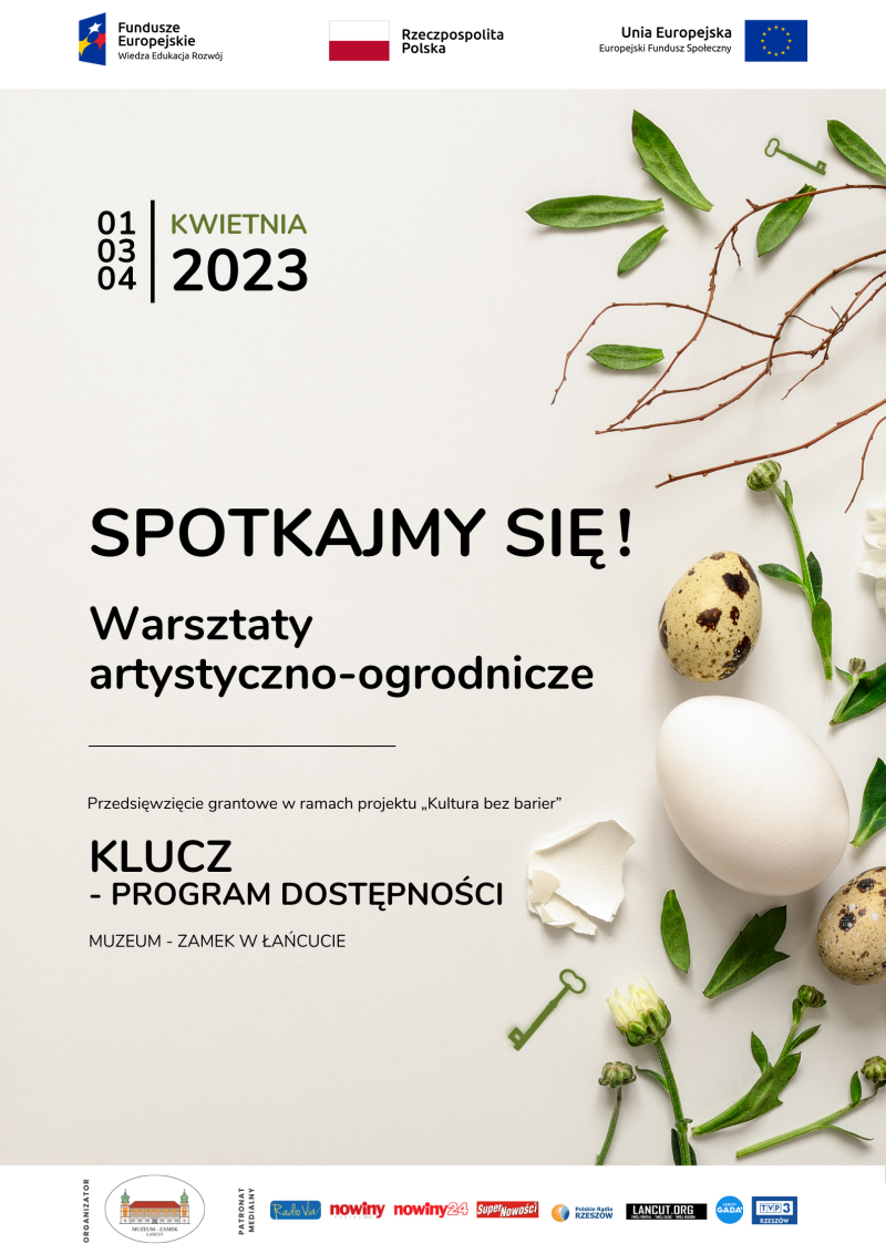 Plakat wydarzenia "Spotkajmy się! Warsztaty artystyczno-ogrodnicze. Na grafice akcenty ogrodniczo-świąteczne - gałązki z zielonymi listkami oraz jajka. Na dole plakatu logo MZŁ oraz patronów medialnych